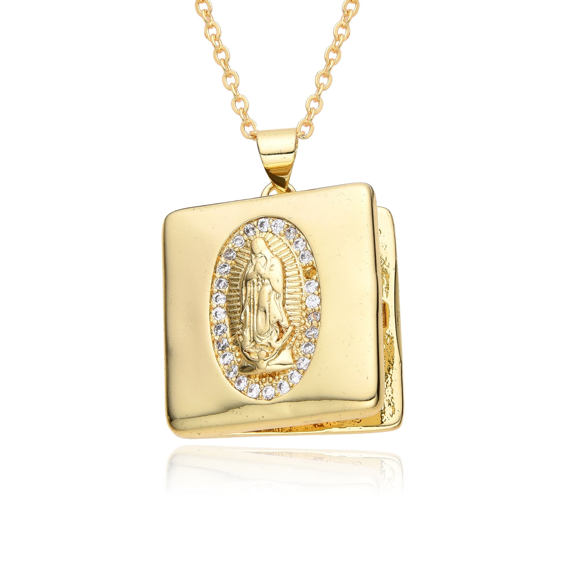 Wholesale Moon Micropaved Virgin Mary Opening and Closing Copper Plated Real Gold Necklace